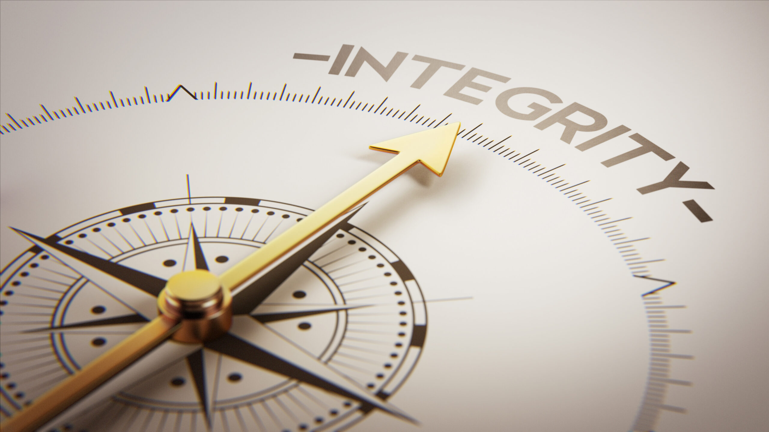 Golden Compass Concept Kompassnadel die auf das Wort "Integrity" zeigt