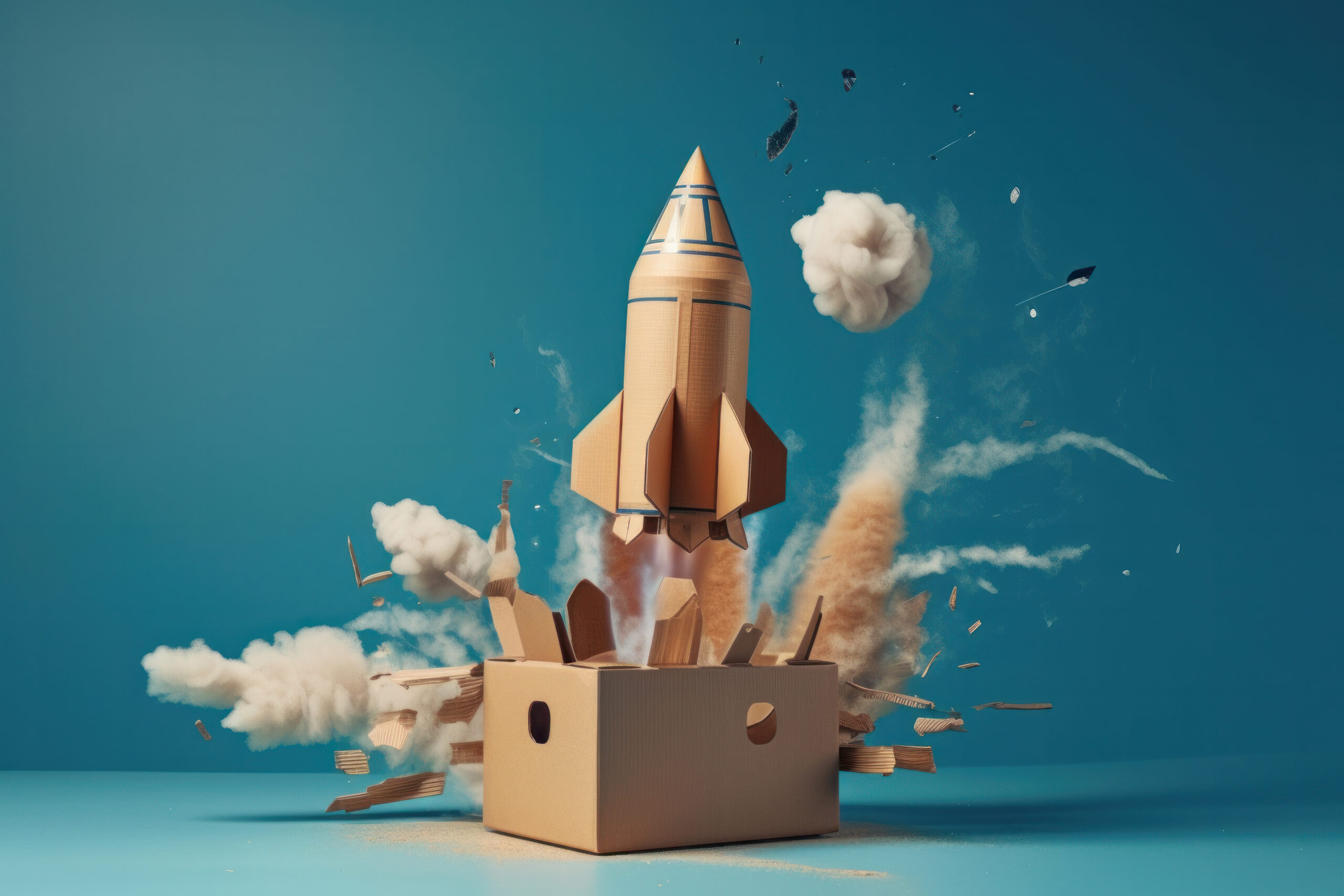 A handmade cardboard rocket ship takes off into a child’s imaginary universe Selbstgebastelte Rakete aus Pappe hebt ab